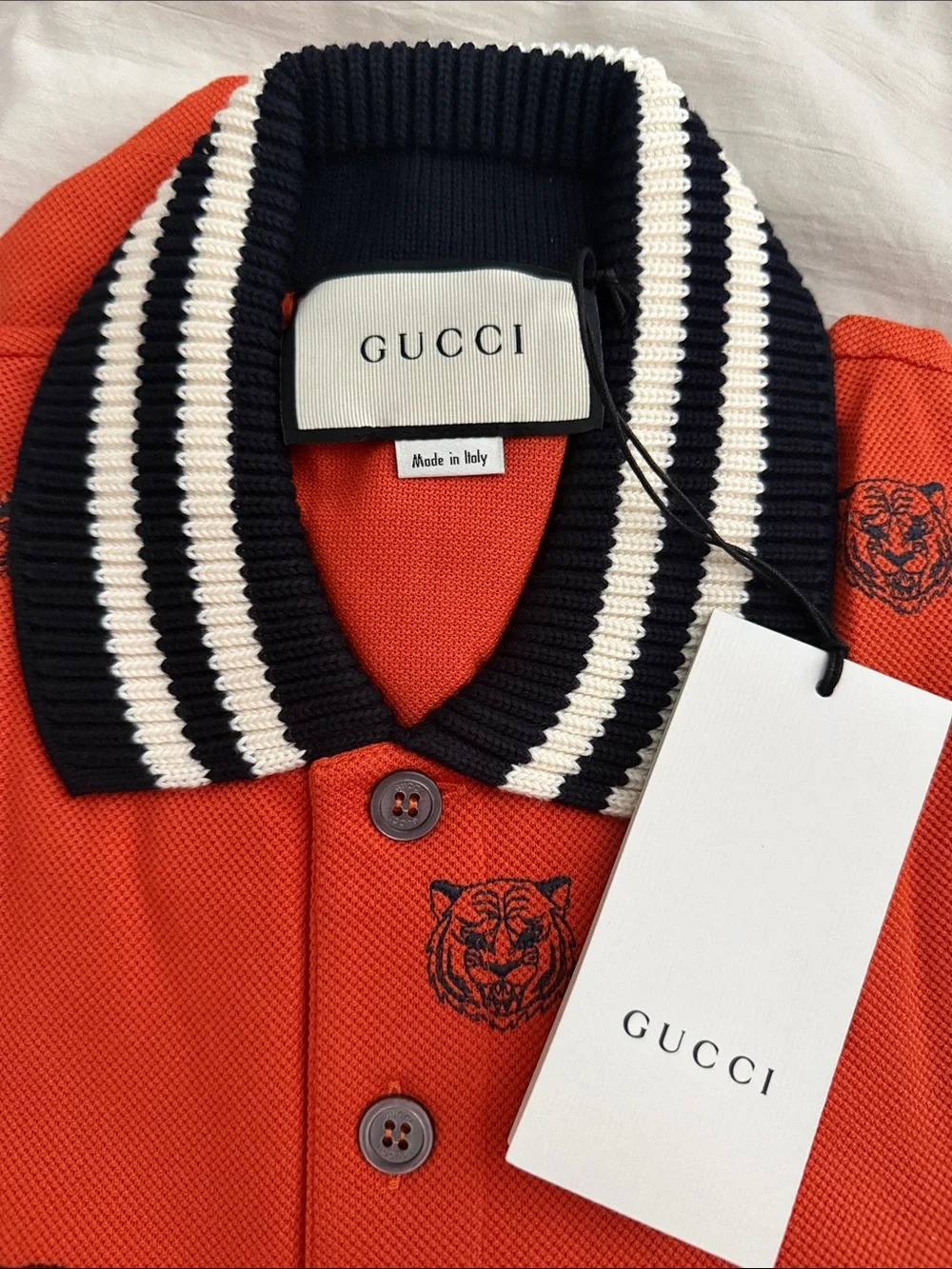 Gucci Men's Orange Polo with Black Tiger Motif & Striped Collar